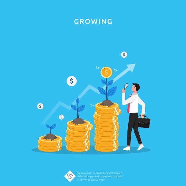 Plant money coin growth illustration for investment concept. business profit performance of return on investment