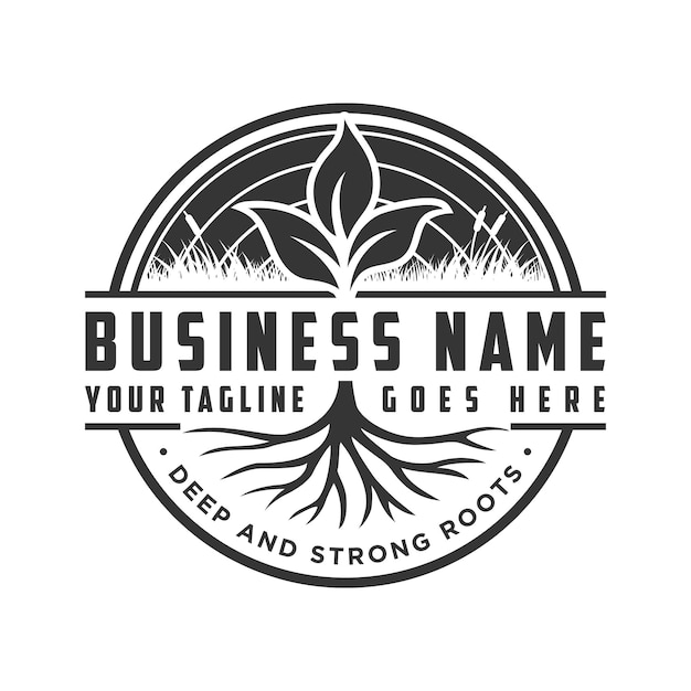 Plant nature tree roots logo emblem silhouette isolated, landscaping service logo with grass icon