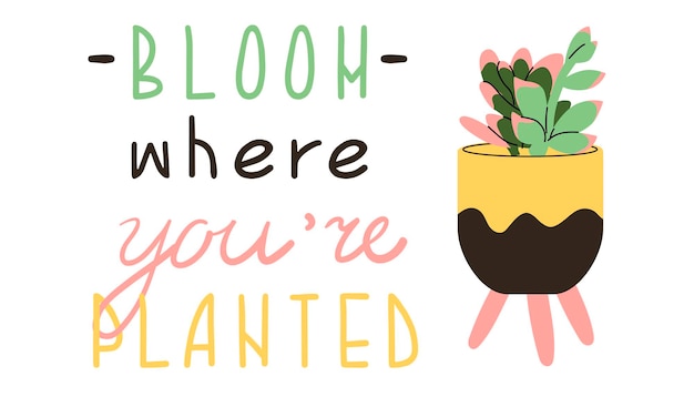 Вектор Растительная фраза модное комнатное растение и мотивационная цитата цветут там, где вы посажены