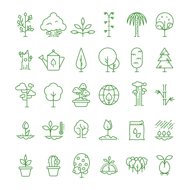 Vector plant, planting, seed and trees line  icons