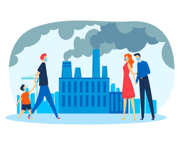 Plant pollutes air factory pollution environment people masks toxic harmful climate design flat style vector illustration