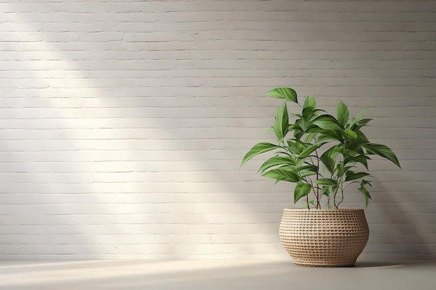 a plant in a pot sits on a table in front of a white brick wall