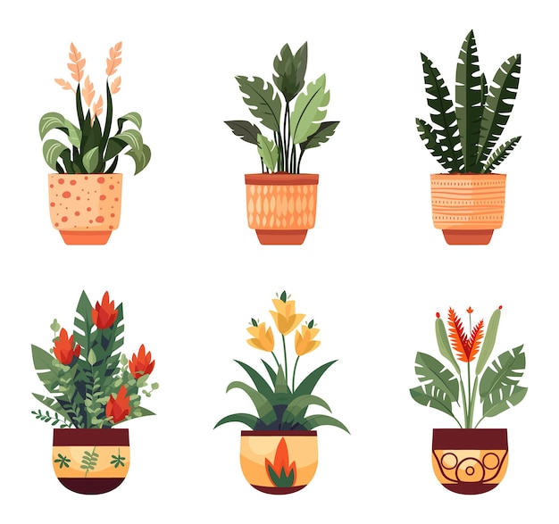 Plant pots set illustration Vibrant botanical garden with various plants vegetables and succulents thriving in pots