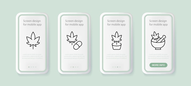 식물 세트 아이콘 약용 식물 재배 요리 채식주의 의약 목적을 위한 대마 대마초 건강 관리 개념 Ui 전화 앱 화면 사람들과 비즈니스를 위한 벡터 라인 아이콘