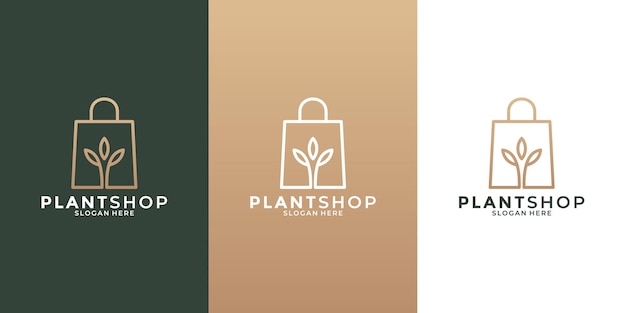 Plant shop logo design template with golden color for your business