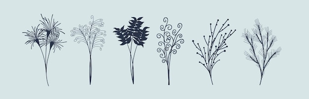 Plant silhouetten boeketten van verschillende takken kruiden en bloemen set van vector designelementen trendy minimalistische kunst