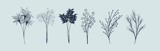 Силуэты растений букеты из разных ветвей трав и цветов набор элементов векторного дизайна модное минималистическое искусство