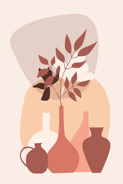 plant in vase pattern background, boho minimalist vase illustration for  design nursery wall decor, t shirt print, shop flyer, contemporary poster etc.