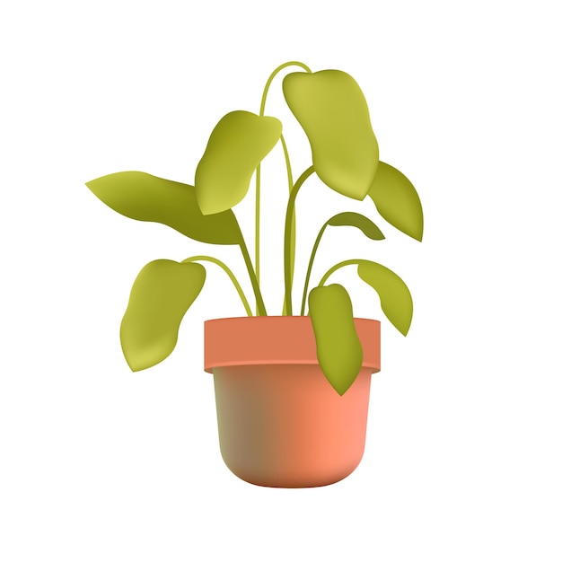 Plant with big green leaves growing in brown pot 3D illustration