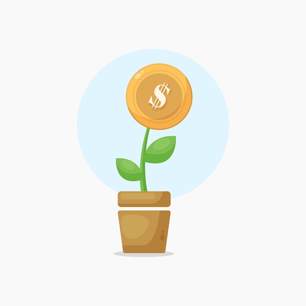 Plant with dollar coin icon cartoon style illustration