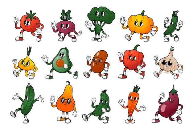 Plantaardig karakter Cartoon retro mascotte groenten Grappige groene vitamine plant voedsel schattige tomaat lopende pompoen gezonde aubergine natuur avocado Vector set