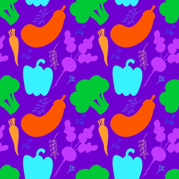 Plantaardig naadloos patroon Zomertuinornament Heldere groenten op witte achtergrond Leuke vegan gezonde voedseltextuur Flat silhouet EPS