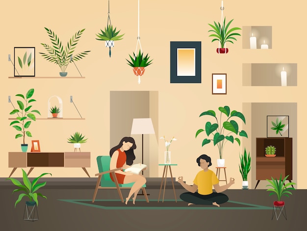 Vector planten thuis binnen. stedelijke tuin met groene planten en mensen in kamer interieur illustratie.