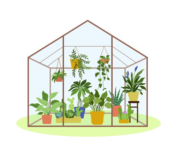 Vector planting greenhouse glass garden glass house flowers and potted plants vector illustration of hobby gardening isolated on white plants hanging on ropes