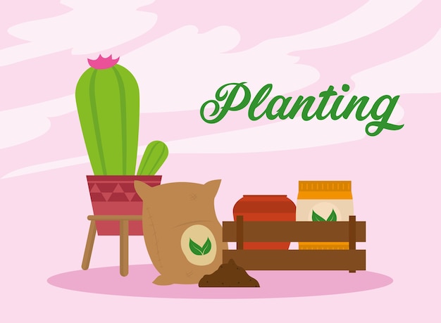 レタリングと植物のシーンを植える