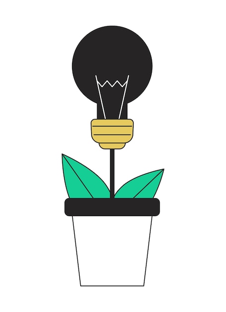 Planting light bulb in pot flat line color vector object