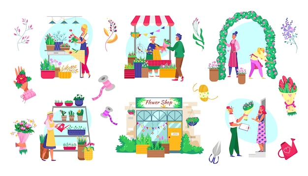 Рынок растений и цветов набор изолированных иллюстраций