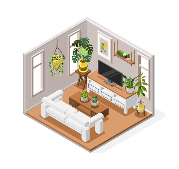 Vector plants composition with houseplants and interior decoration symbols isometric vector illustration