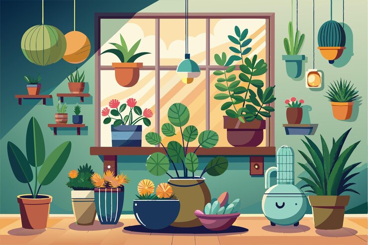 Vector plants decorate the room with vibrant colors showcasing various styles and arrangements near a sunlit window indoor plants customizable cartoon illustration