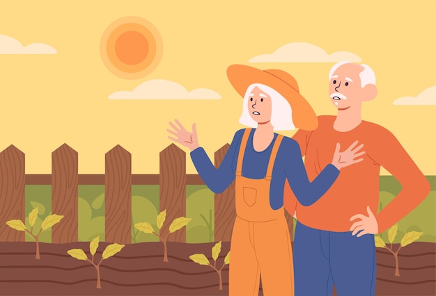 Plants dried up from sun concept old man and woman farmers with harvest and crop hot weather at farm