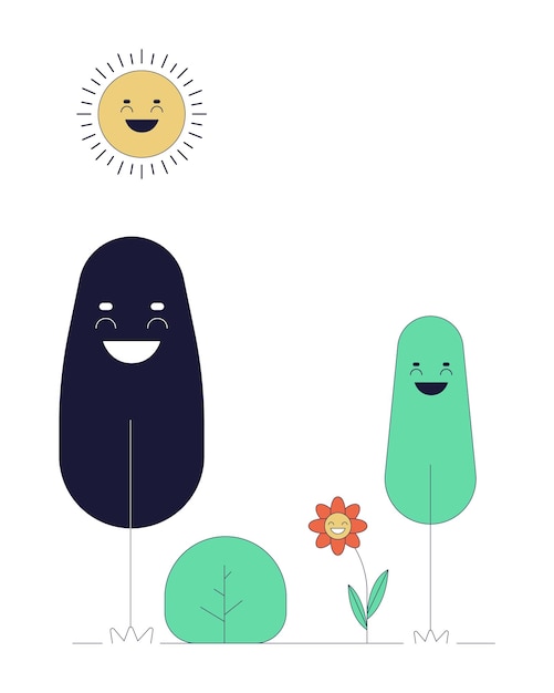 Vettore piante che godono dell'illustrazione piana del fumetto della linea di giornata di sole