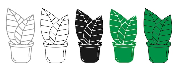 Plants in flower pot. Isolated vector illustration of houseplant. Line icons and color drawing.