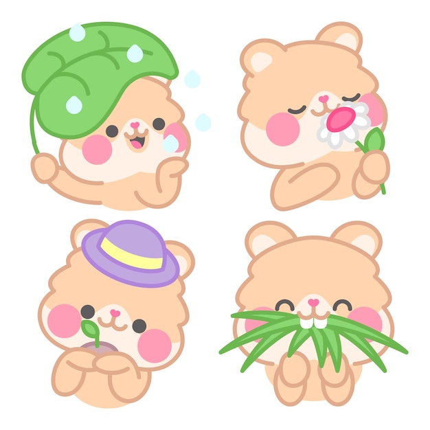 Vector plants and flowers stickers collection with kimchi the hamster