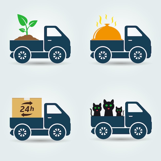 Vector plants food animals and parcels delivery van stickers set