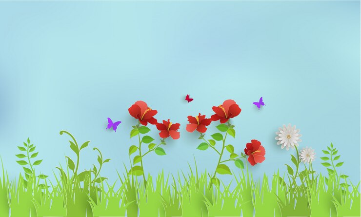 Vector plants and grass in spring. there are butterflies and beautiful sky