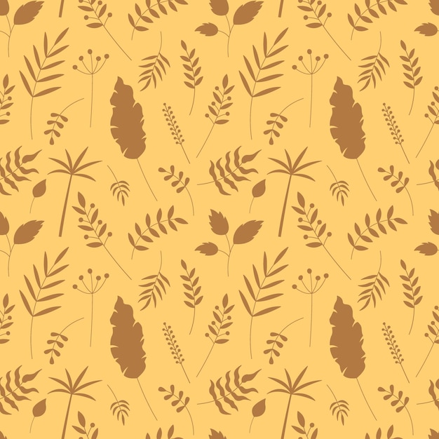 Plants pattern Vector seamless tiled background with leaves and berries silhouettes Leaf yellow backdrop