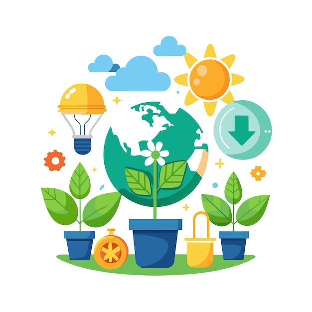 太陽とグローブの植物のポット 美しいシーンのベクトルイラスト