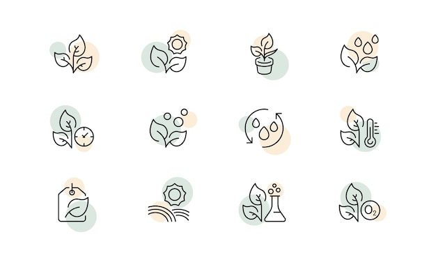 Plants set icon Gardening garden leaf leaves flower pot water drops clock grow green ecology eco temperature thermometer label sun chemistry oxygen Nature concept Vector line icon