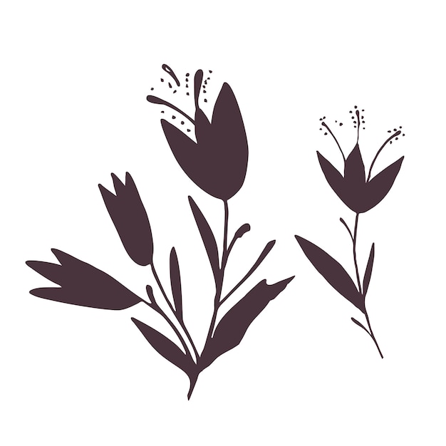 白い背景の手描きの花の植物シルエットコレクション