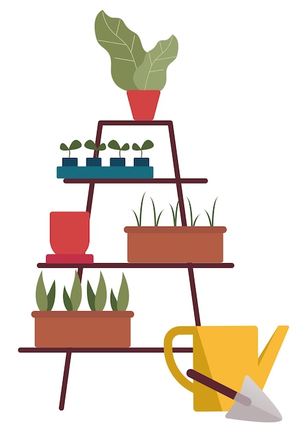 Vector plants on standing shelves seedling in pots urban gardening concept