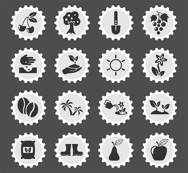 Simboli di piante su un francobollo rotondo icone stilizzate