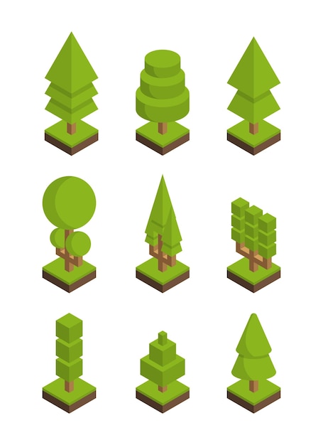 Raccolta di stile isometrico di vettore di piante e alberi