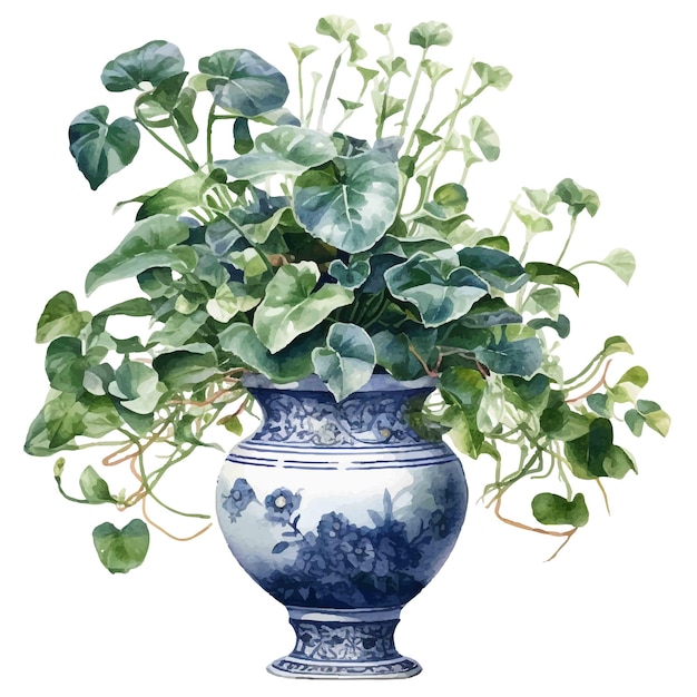 Vector plants with chinese vase watercolor illustration