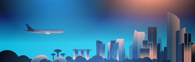 Vector plany fly over singapore skyline at night beautiful cityscape with famous landmarks and skyscrapers