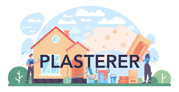 Plasterer typographic header People in the uniform paint the wall with paint roller and plastering a wall with spatula Wall decorator renovating a house Vector flat illustration