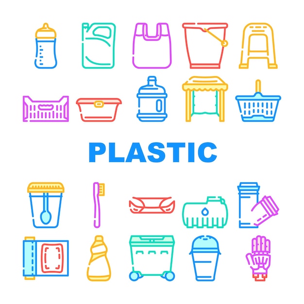 Plastic Accessories Collection Icons Set Vector Bumper Car Part And Polypropylene Pipes Plastic Food Package And Drink Cup Prosthesis And Box Concept Linear Pictograms Contour Color Illustrations