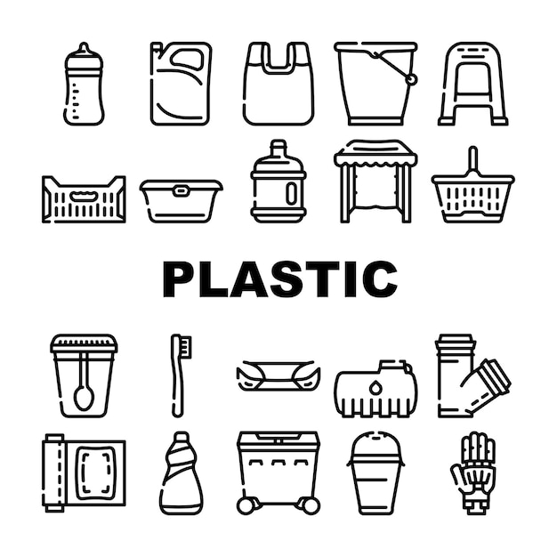 Plastic Accessories Collection Icons Set Vector Bumper Car Part And Polypropylene Pipes Plastic Food Package And Drink Cup Prosthesis And Box Contour Illustrations