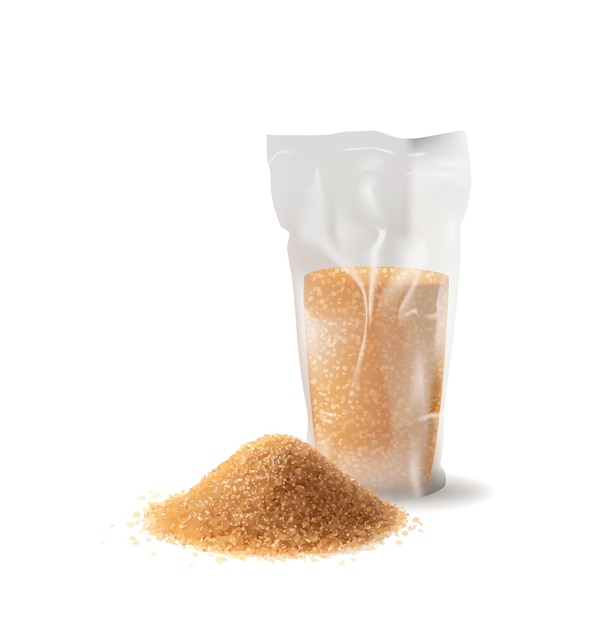 Plastic bag with brown sugar vector illustration. raw unrefined cane sugar sand in plastic packaging side view