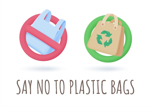 Vector plastic bags and cloth bags say no to plastic bags concept 3d vector illustration