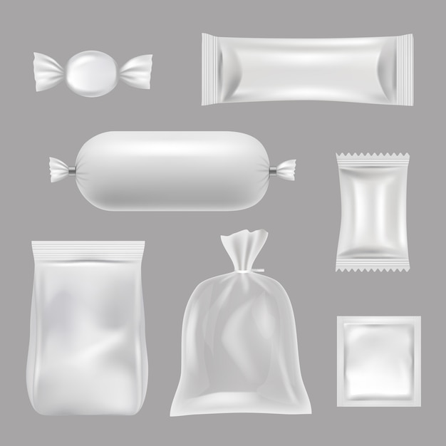 Пластиковые пакеты. полиэтиленовые пищевые пакеты. векторные реалистичные картинки