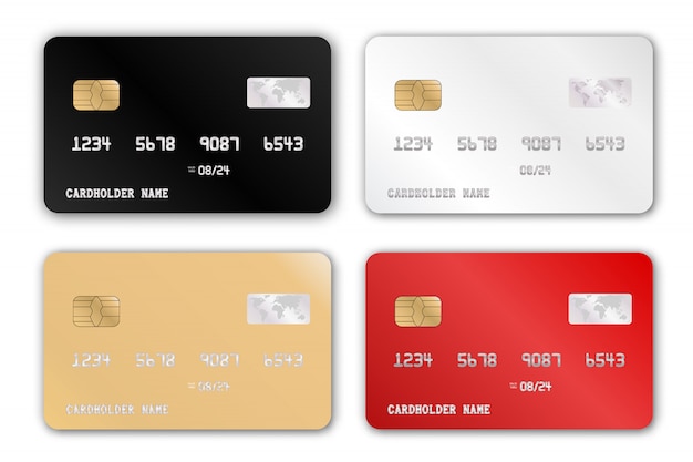 Vettore insieme di plastica del modello di progettazione di carta di credito. set di carte di credito dettagliate realistiche