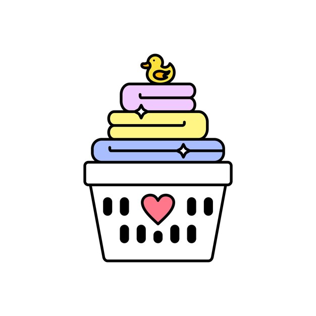 plastic basket with clothes and a duck on top Laundry Service minimalist logo vector icon