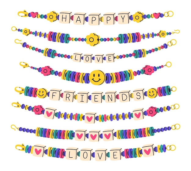 Vettore braccialetti di perline di plastica braccialetti di amicizia artigianali vecchia scuola accessori carini fatti a mano con perline colorate set di illustrazioni vettoriali piatte