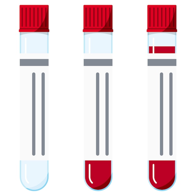 赤い液体サンプルの有無にかかわらず、キャップアイコンが設定されたプラスチック製の血液試験管、白い背景に分離されたステッカー。フラットなデザインの漫画スタイルの医療実験装置のベクトル記号イラスト。