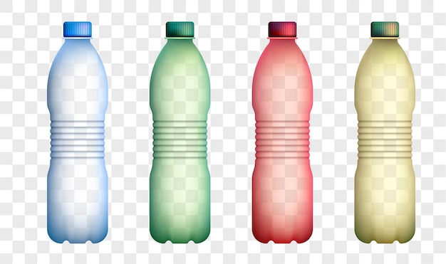 플라스틱 병 세트: 폐기물 재활용, 사용 된 원료, 환경을 돌보는, 녹색 현대 기술, 색 바탕에 고립 된 터