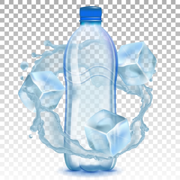 Plastic bottle with water and ice cubes.